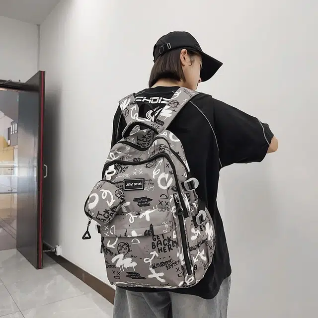 度森袋鼠 潮流涂鸦背包休闲大学生书包初中生 尼龙 双肩包 常规 男女同款情侣款 黑色/灰色/红色/蓝色/宝蓝色