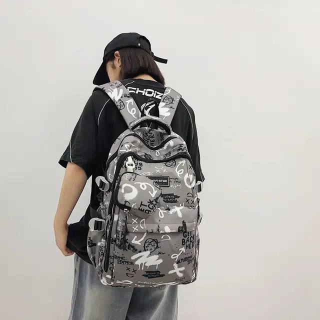 度森袋鼠 潮流涂鸦背包休闲大学生书包初中生 尼龙 双肩包 常规 男女同款情侣款 黑色/灰色/红色/蓝色/宝蓝色