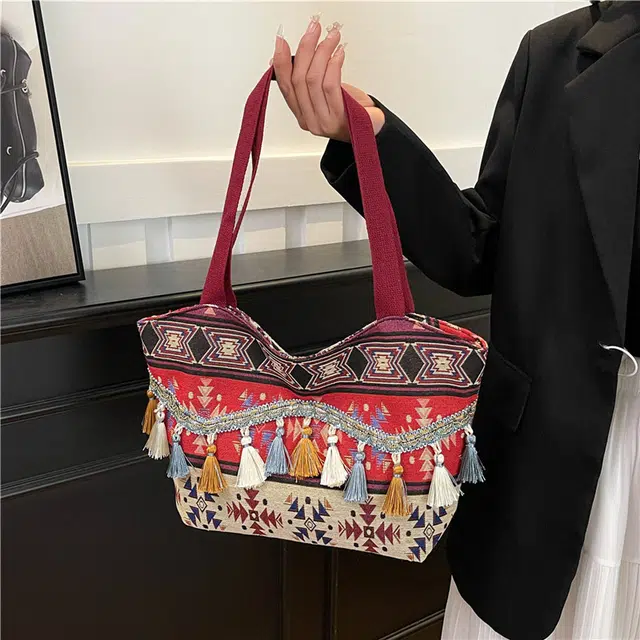 度森袋鼠 高颜值时尚百搭民族风流苏出行旅游 帆布 帆布包单肩包 女款 红色/棕色/蓝色