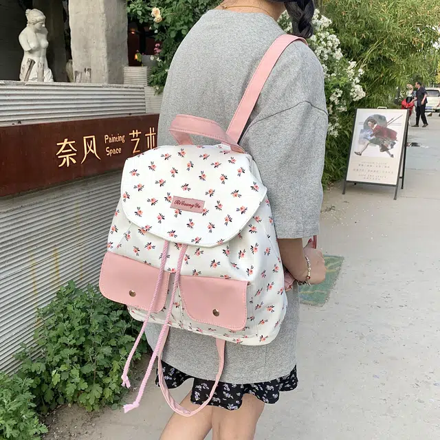 度森袋鼠 大容量碎花小众设计少女心 尼龙 背包双肩包 常规 女款 粉色