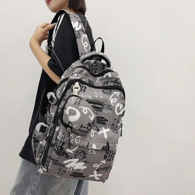 度森袋鼠 潮流涂鸦背包休闲大学生书包初中生 尼龙 双肩包 常规 男女同款情侣款 黑色/灰色/红色/蓝色/宝蓝色