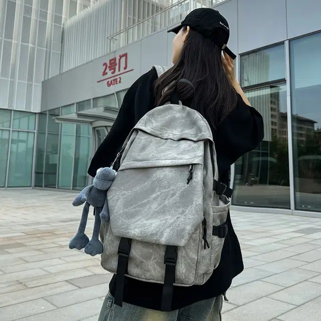 度森袋鼠 日系中性风休闲简约学生上课通勤时尚百搭 复合布 双肩包 常规 男女同款情侣款 深灰/浅灰/蓝色