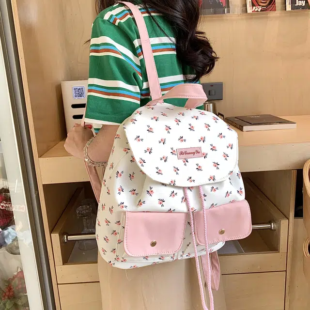 度森袋鼠 大容量碎花小众设计少女心 尼龙 背包双肩包 常规 女款 粉色