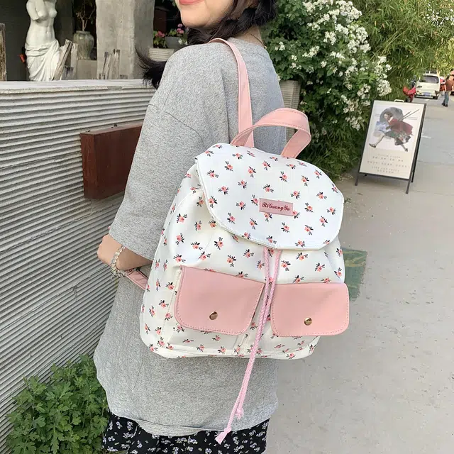 度森袋鼠 大容量碎花小众设计少女心 尼龙 背包双肩包 常规 女款 粉色