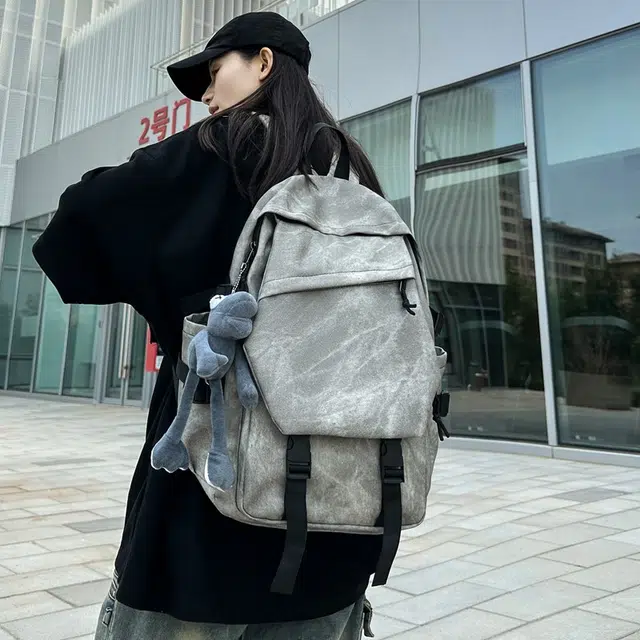度森袋鼠 日系中性风休闲简约学生上课通勤时尚百搭 复合布 双肩包 常规 男女同款情侣款 深灰/浅灰/蓝色