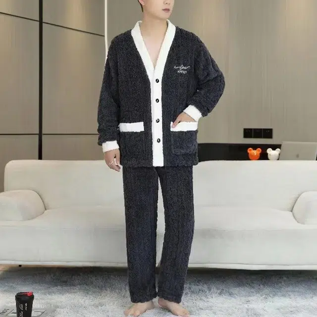 橡柠派 纯色撞色开衫保暖高级感时尚加绒加厚长袖长裤睡衣套装 男款