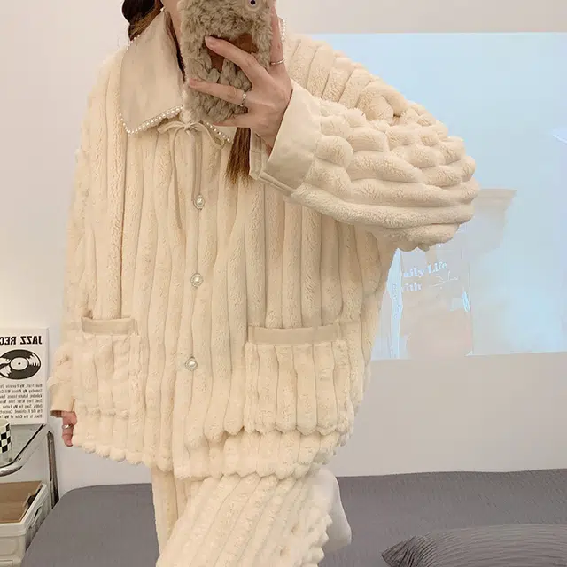 橡柠派 冬季粗条纹纯色女士简约甜美开衫套装加绒加厚长袖长裤家居套装 女款 杏色