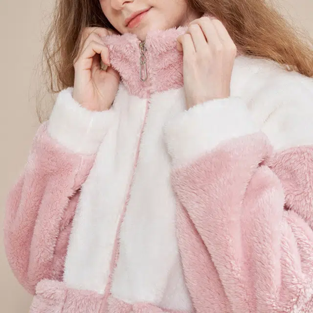 橡柠派 冬季拉链开衫拼色简约可爱少女心甜美加绒睡衣加厚超保暖长袖长裤家居套装  女款 桃粉色