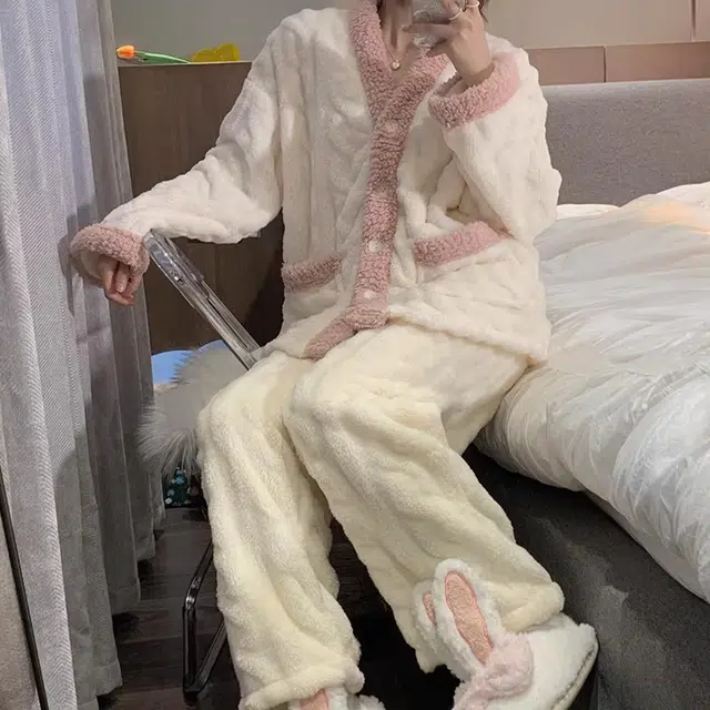 橡柠派 睡衣女简约甜美可爱韩版少女加绒加厚居家套装 长袖长裤冬季保暖 家居套装 女款 象牙白