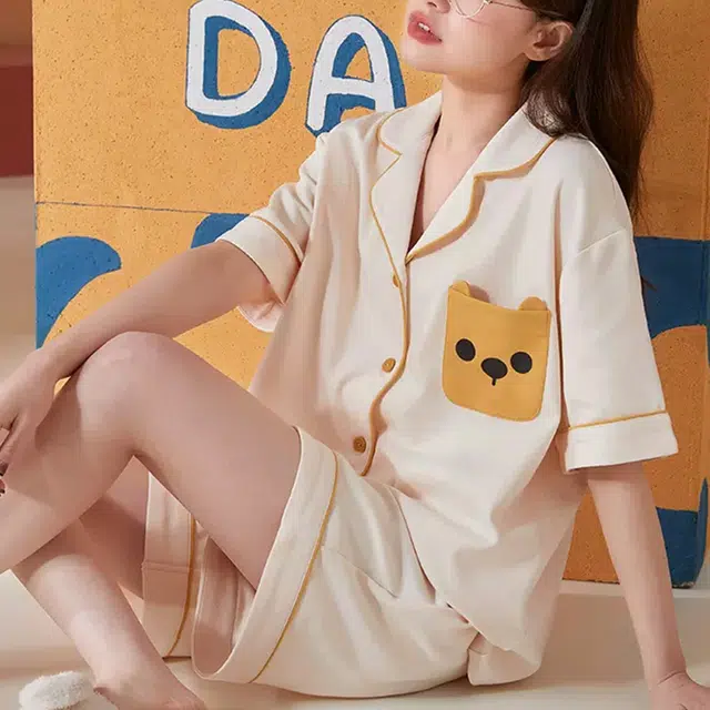 橡柠派 开衫翻领甜美短袖短裤睡衣套装 女款 月光白