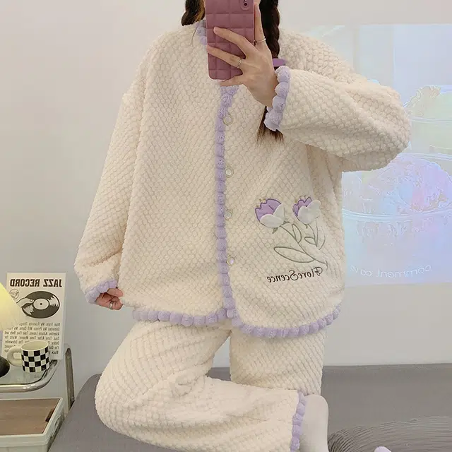 橡柠派 冬季玫瑰女士简约甜美开衫小清新套装加绒加厚长袖长裤家居套装 女款 罗兰紫