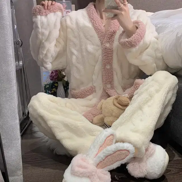 橡柠派 睡衣女简约甜美可爱韩版少女加绒加厚居家套装 长袖长裤冬季保暖 家居套装 女款 象牙白