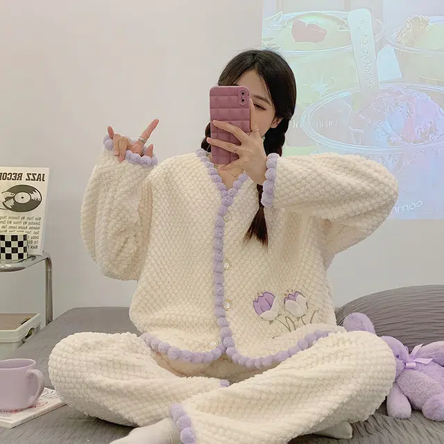 橡柠派 冬季玫瑰女士简约甜美开衫小清新套装加绒加厚长袖长裤家居套装 女款 罗兰紫