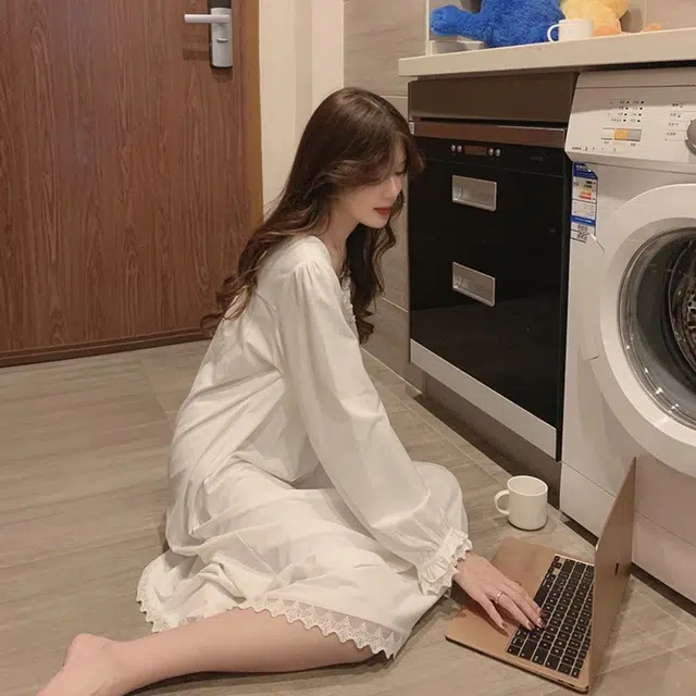 橡柠派 法式简约宫廷风蕾丝花边可爱韩版睡裙 女款 象牙白
