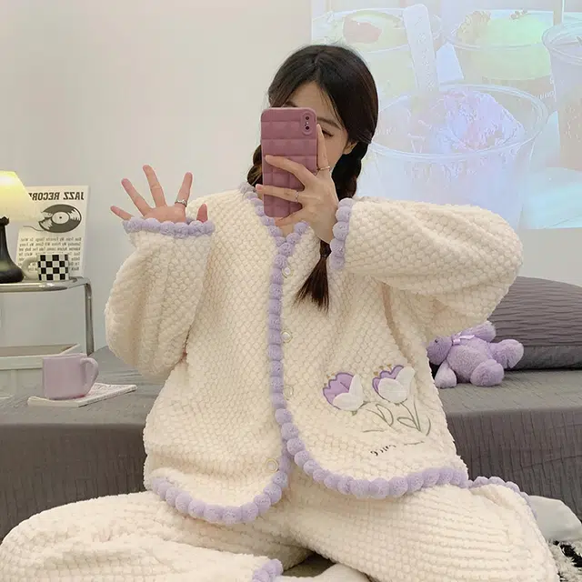 橡柠派 冬季玫瑰女士简约甜美开衫小清新套装加绒加厚长袖长裤家居套装 女款 罗兰紫