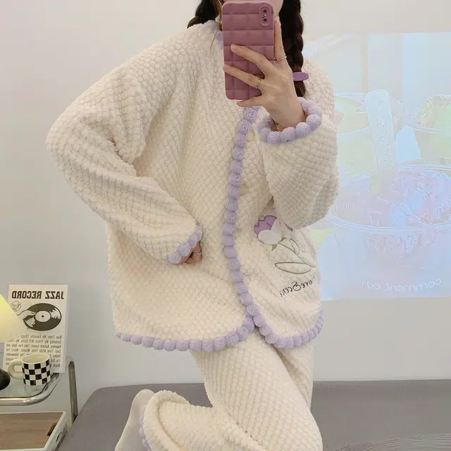 橡柠派 冬季玫瑰女士简约甜美开衫小清新套装加绒加厚长袖长裤家居套装 女款 罗兰紫