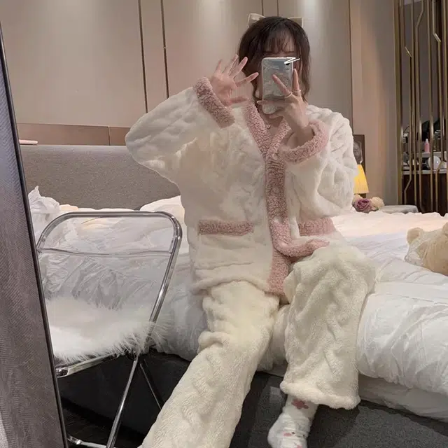 橡柠派 睡衣女简约甜美可爱韩版少女加绒加厚居家套装 长袖长裤冬季保暖 家居套装 女款 象牙白