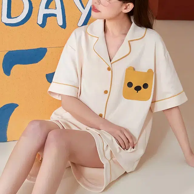 橡柠派 开衫翻领甜美短袖短裤睡衣套装 女款 月光白