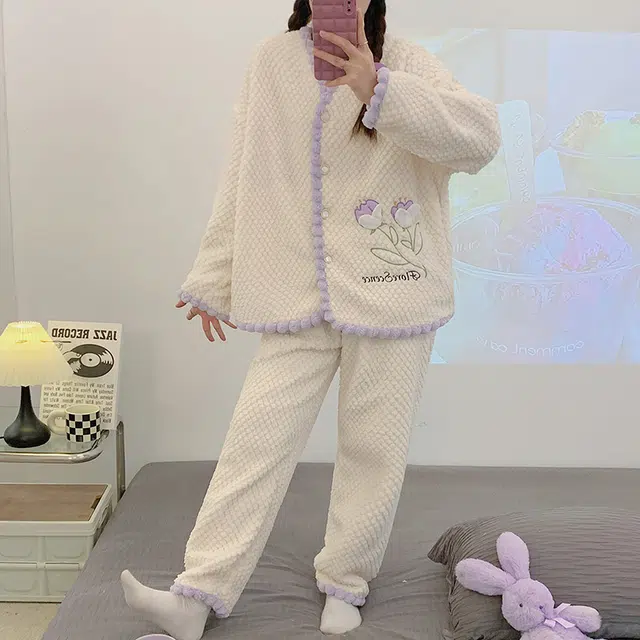 橡柠派 冬季玫瑰女士简约甜美开衫小清新套装加绒加厚长袖长裤家居套装 女款 罗兰紫
