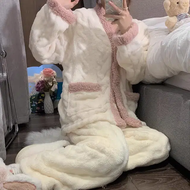 橡柠派 睡衣女简约甜美可爱韩版少女加绒加厚居家套装 长袖长裤冬季保暖 家居套装 女款 象牙白