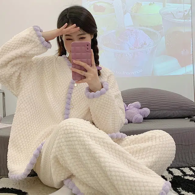 橡柠派 冬季玫瑰女士简约甜美开衫小清新套装加绒加厚长袖长裤家居套装 女款 罗兰紫