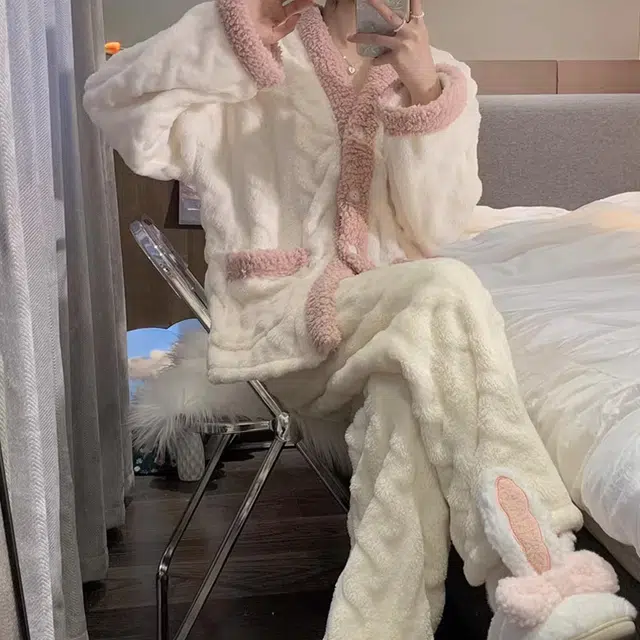 橡柠派 睡衣女简约甜美可爱韩版少女加绒加厚居家套装 长袖长裤冬季保暖 家居套装 女款 象牙白