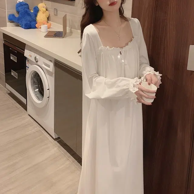 橡柠派 法式简约宫廷风蕾丝花边可爱韩版睡裙 女款 象牙白