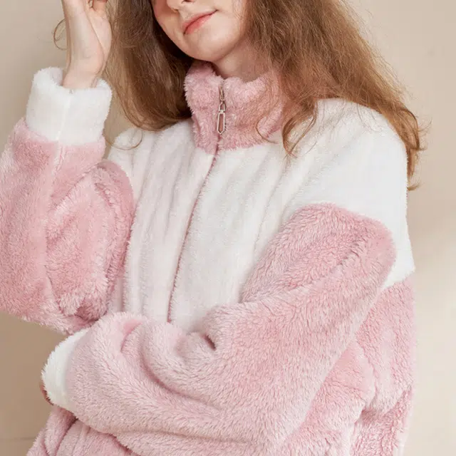 橡柠派 冬季拉链开衫拼色简约可爱少女心甜美加绒睡衣加厚超保暖长袖长裤家居套装  女款 桃粉色
