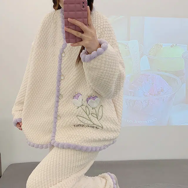 橡柠派 冬季玫瑰女士简约甜美开衫小清新套装加绒加厚长袖长裤家居套装 女款 罗兰紫