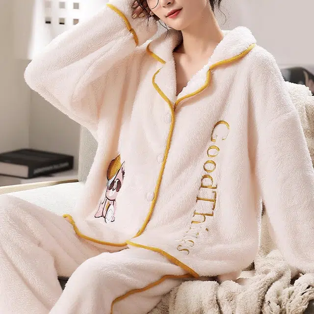 橡柠派 甜美可爱加绒微弹加厚刺绣小熊睡衣套装 女款