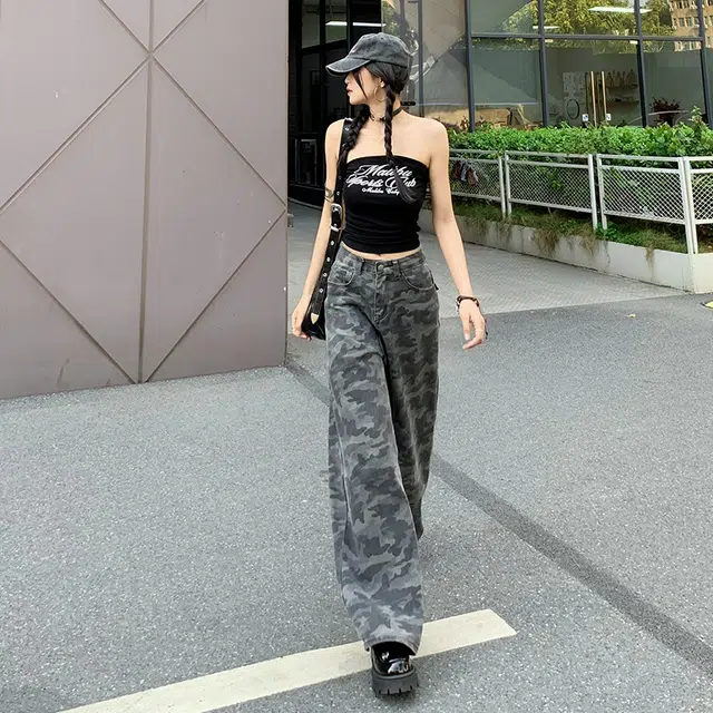 依钗 美式高街风宽松垂感高腰百搭户外休闲裤牛仔裤 女款