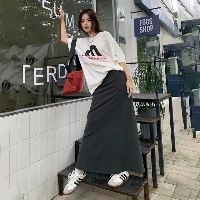 花蔓色 美式复古百搭纯色高腰垂感包臀通勤气质优雅休闲长裙 女款