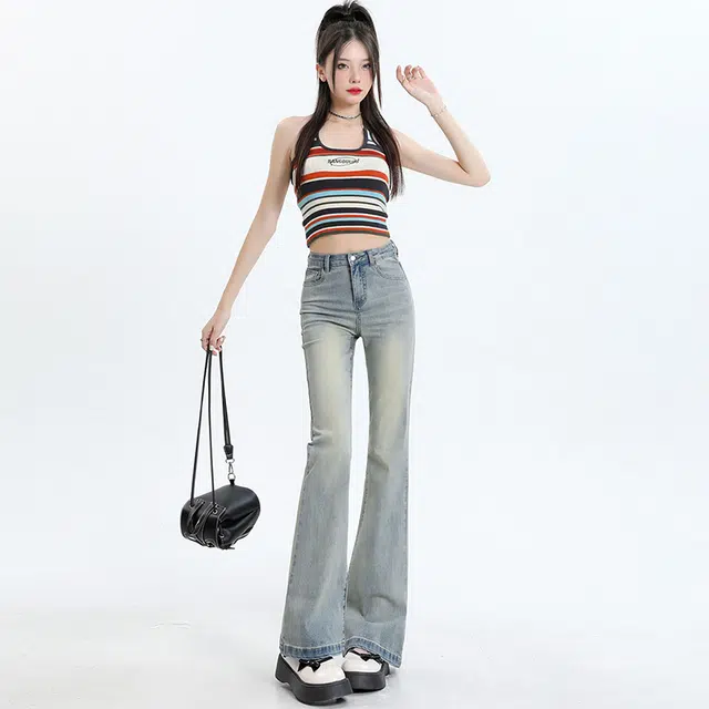 依钗 酷辣美式复古高腰水洗显瘦微喇百搭显腿长牛仔裤 女款