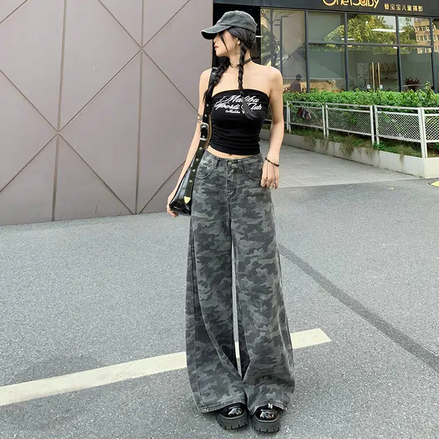 依钗 美式高街风宽松垂感高腰百搭户外休闲裤牛仔裤 女款