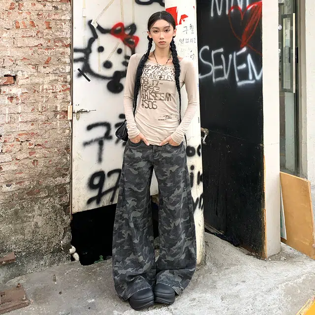 依钗 美式高街风宽松垂感高腰百搭户外休闲裤牛仔裤 女款