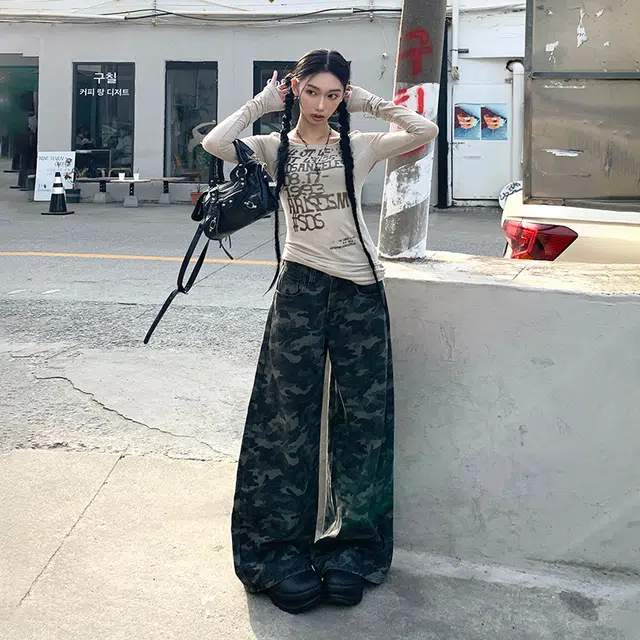依钗 美式高街风宽松垂感高腰百搭户外休闲裤牛仔裤 女款
