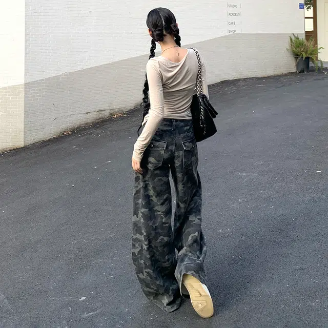 依钗 美式高街风宽松垂感高腰百搭户外休闲裤牛仔裤 女款