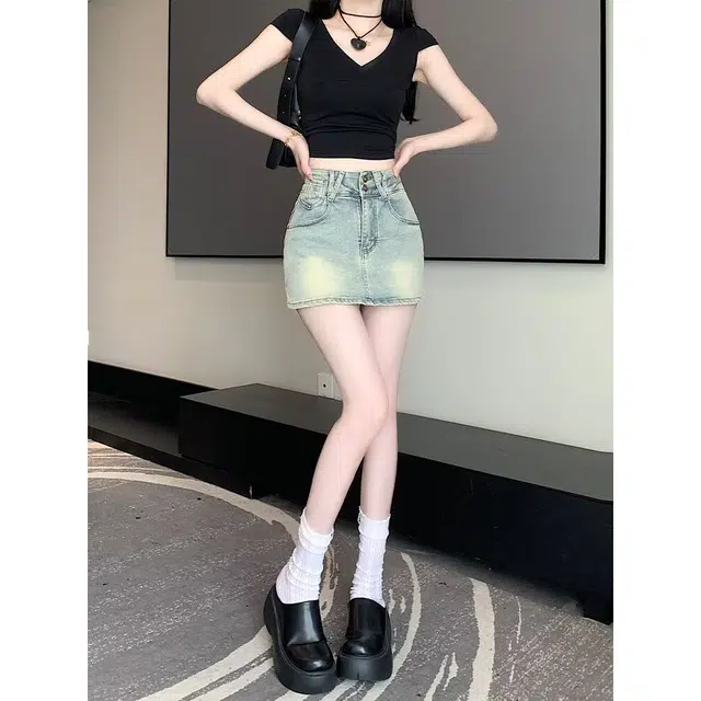 依钗 美式复古高腰包臀小个子大码防走光半身裙裤牛仔短裙 女款