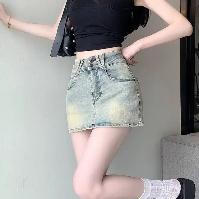 依钗 美式复古高腰包臀小个子大码防走光半身裙裤牛仔短裙 女款