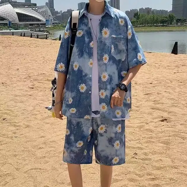 零氏 潮牌复古满印宽松排扣短袖百搭休闲海边沙滩五分短裤衬衫套装 男女同款
