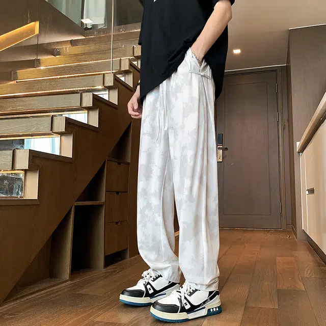 零氏 新中式冰丝渐变复古脏脏库口做旧脏脏染宽松凉感百搭直筒透气美式高街嘻哈扎染国风侧面盘扣系带垂感休闲裤 男女同款