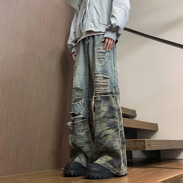 零氏 美式复古潮流重工垫布乱针绣迷彩水洗长裤牛仔裤 男女同款