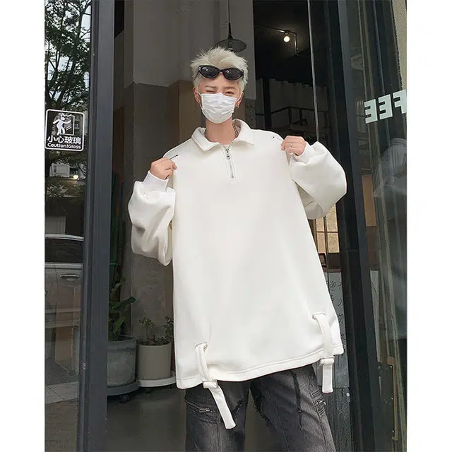 零氏 美式高街设计感男士潮流帅气宽松金属气眼拉链翻领长袖卫衣 男女同款