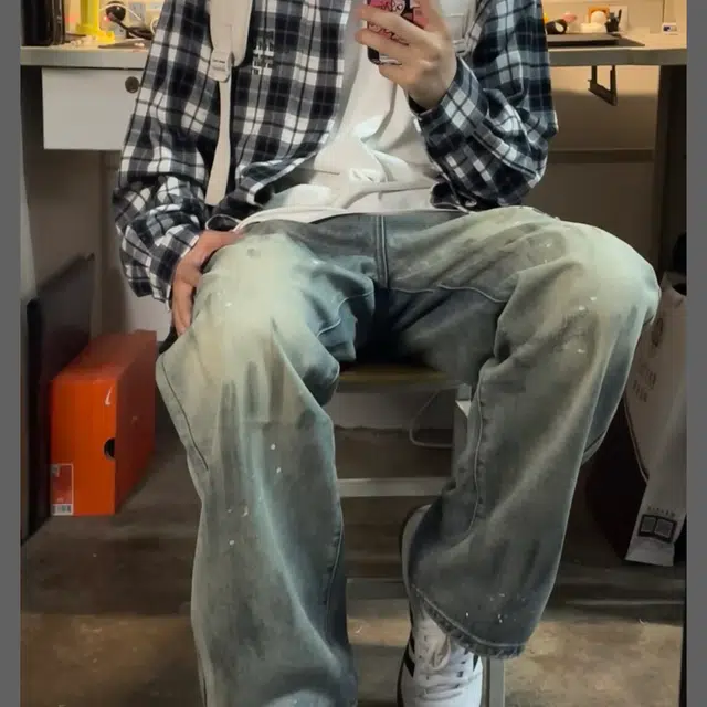 零氏 美式复古水洗做旧高街扎染泼墨设计个性基础款舒适亲肤透气宽松百搭直筒阔腿牛仔裤 男女同款