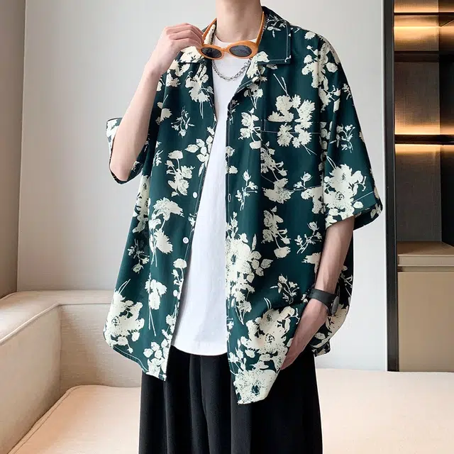 零氏 美式复古高街潮流个性碎花南亚风休闲百搭日常通勤舒适柔软亲肤经典短袖衬衫 男女同款