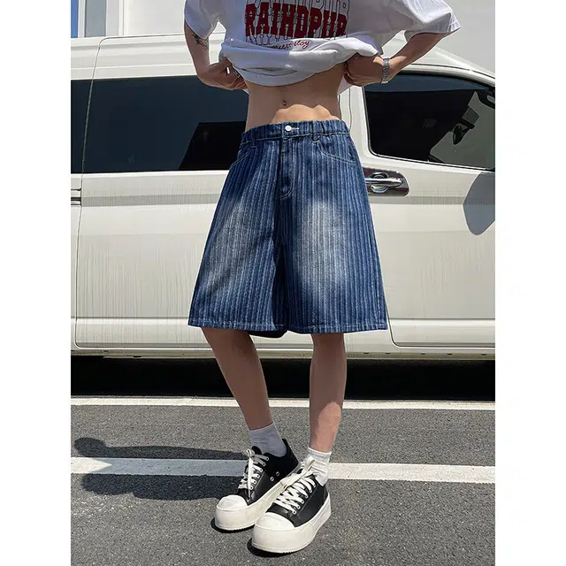零氏 美式高街设计感青春时尚潮流休闲直筒阔腿水洗条纹五分裤子牛仔短裤 男女同款