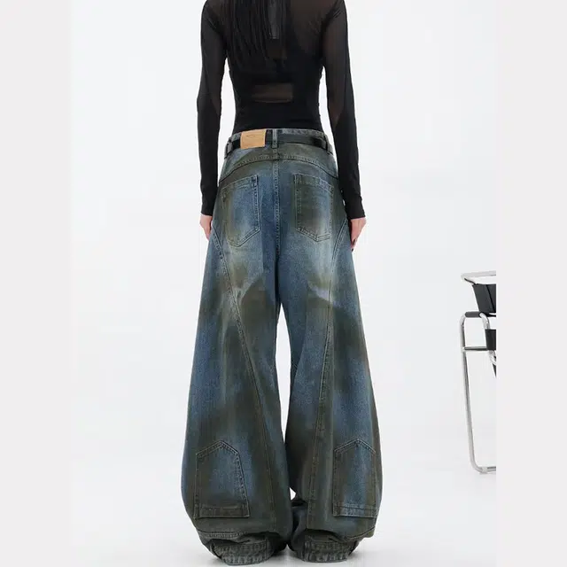 零氏 美式复古潮流小众结构弯刀裤水洗做旧破洞宽松阔腿工装牛仔裤 男女同款