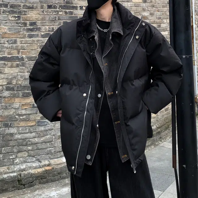 零氏 韩版潮流面包服假两件拼接牛仔男士秋冬款时尚帅气宽松立领保暖长袖棉服 男女同款