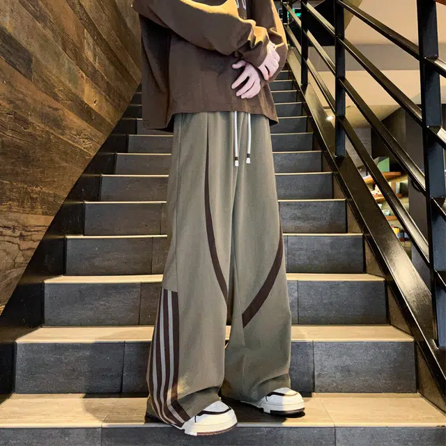 零氏 美式复古高街侧边撞色拼接条纹设计感抽绳系带卫裤百搭时尚宽松运动潮流垂感直筒阔腿拖地休闲裤 男女同款