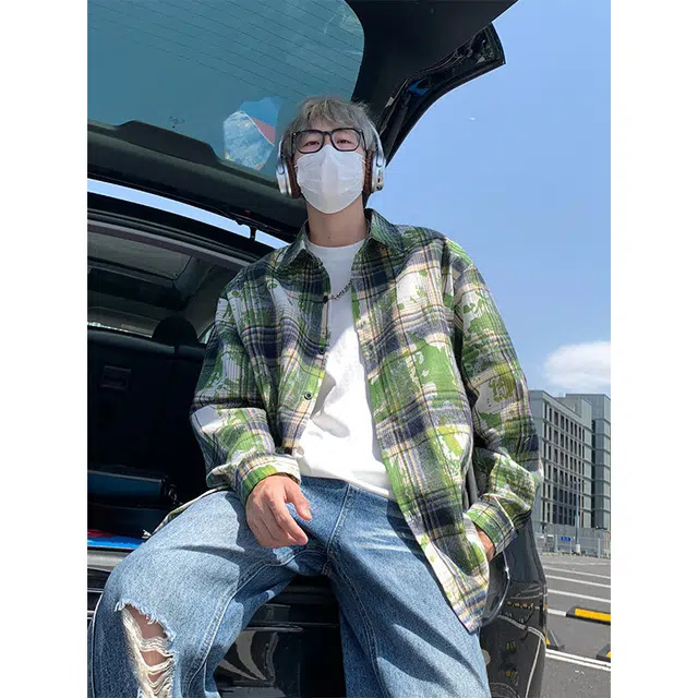 零氏 美式复古做旧扎染渐变格子衬衣宽松时尚休闲舒适外套翻领单排扣简约户外情侣衫学院潮流痞帅长袖衬衫 男女同款
